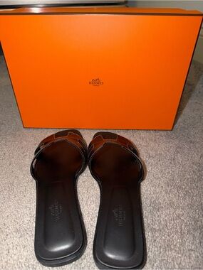 Hermes Black Leather Sandals